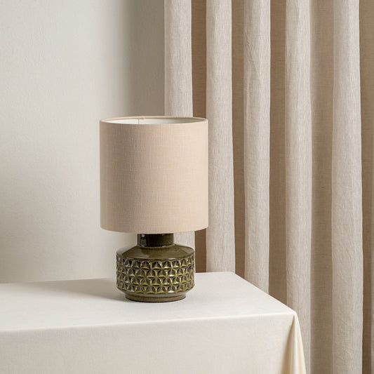 Filaree Short Green Glazed Ceramic Table Lamp | Mid-Century Bedside Light | Natural Linen Shade | 15 | Brick by Brick London 0
