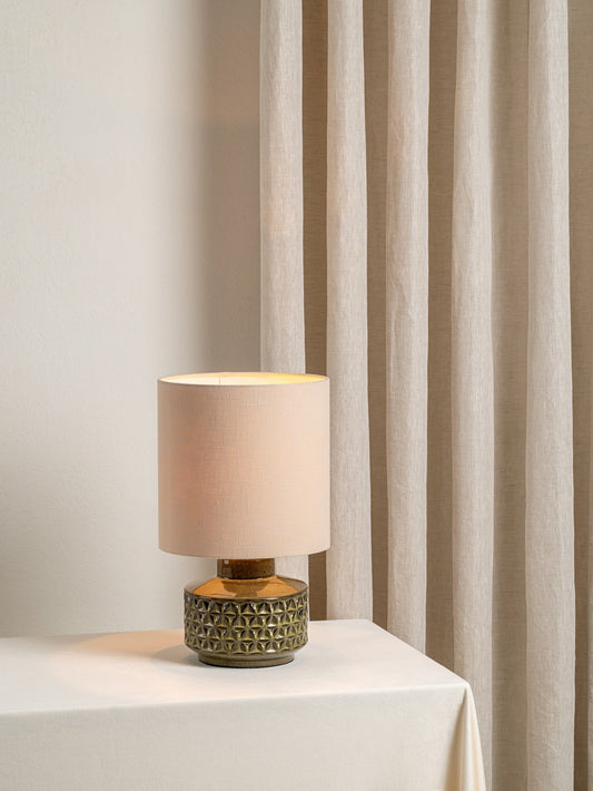 Filaree Short Green Glazed Ceramic Table Lamp | Mid-Century Bedside Light | Natural Linen Shade | 15 | Brick by Brick London 1