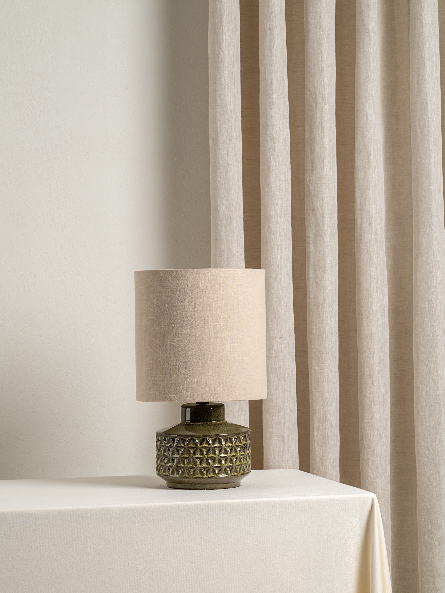 Filaree Short Green Glazed Ceramic Table Lamp | Mid-Century Bedside Light | Natural Linen Shade | 15 | Brick by Brick London 2