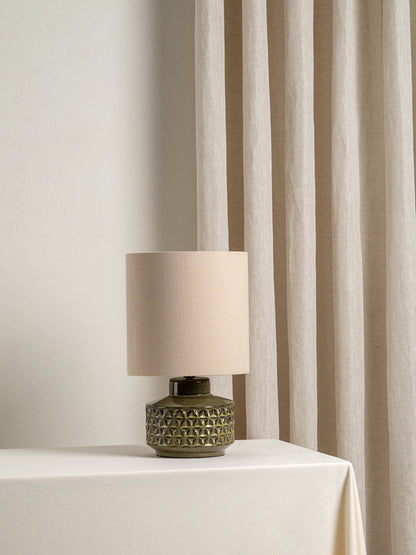 Filaree Short Green Glazed Ceramic Table Lamp | Mid-Century Bedside Light | Natural Linen Shade | 15 | Brick by Brick London 2
