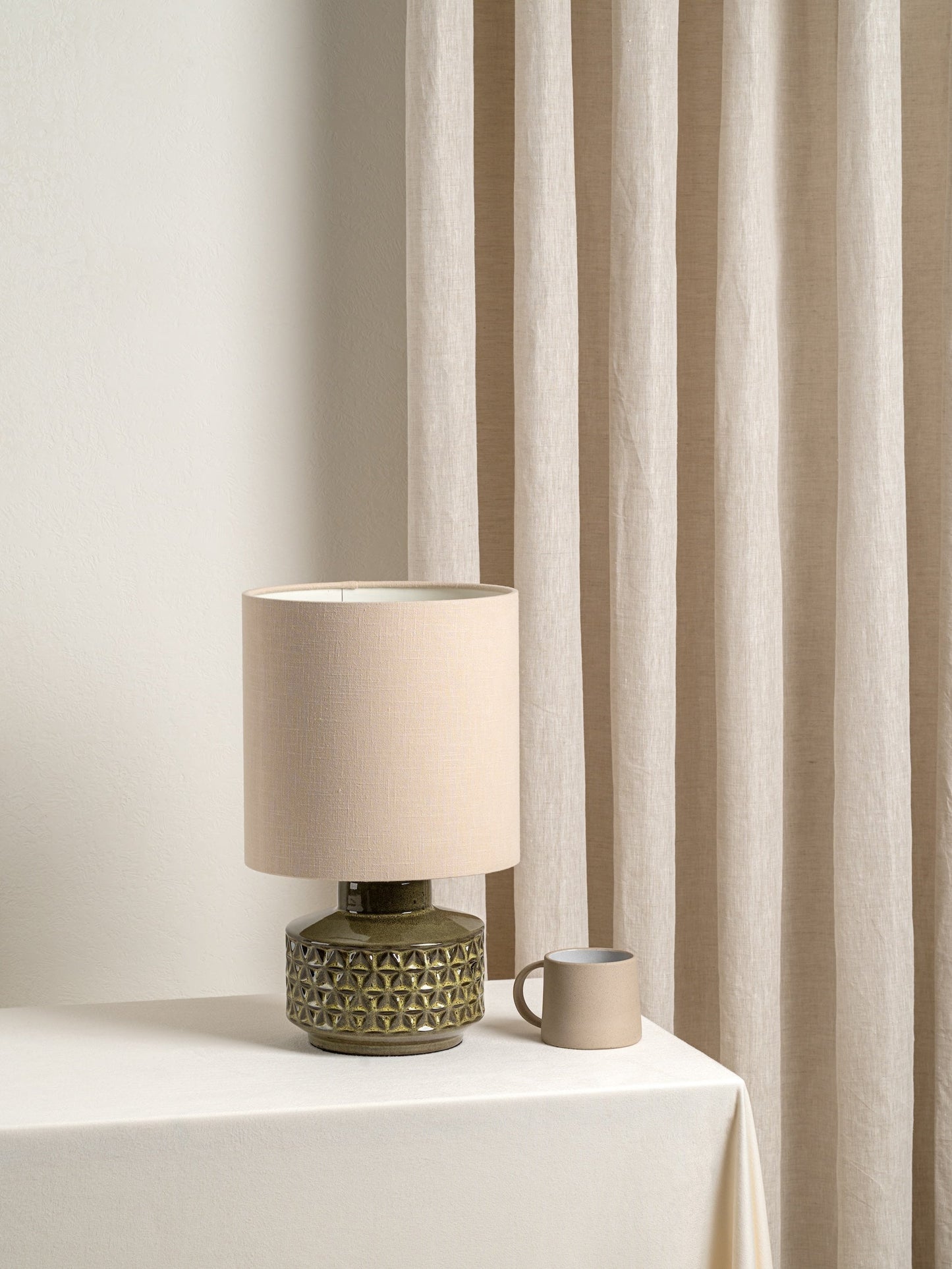 Filaree Short Green Glazed Ceramic Table Lamp | Mid-Century Bedside Light | Natural Linen Shade | 15 | Brick by Brick London 4