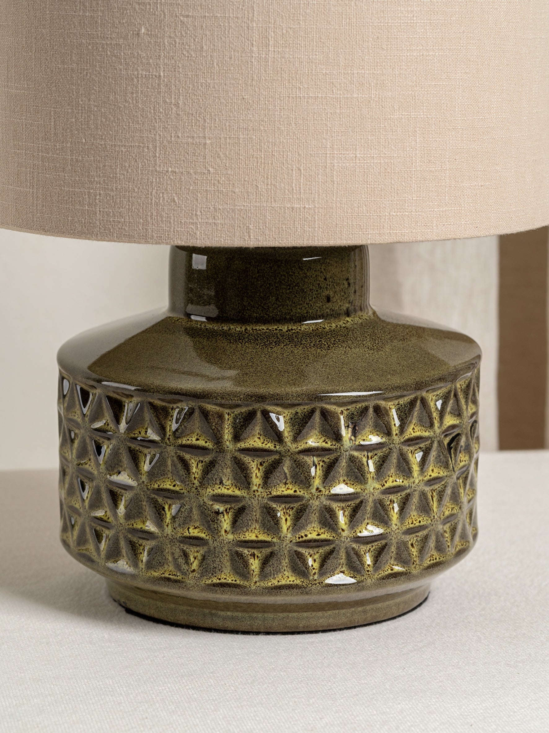 Filaree Short Green Glazed Ceramic Table Lamp | Mid-Century Bedside Light | Natural Linen Shade | 15 | Brick by Brick London 5