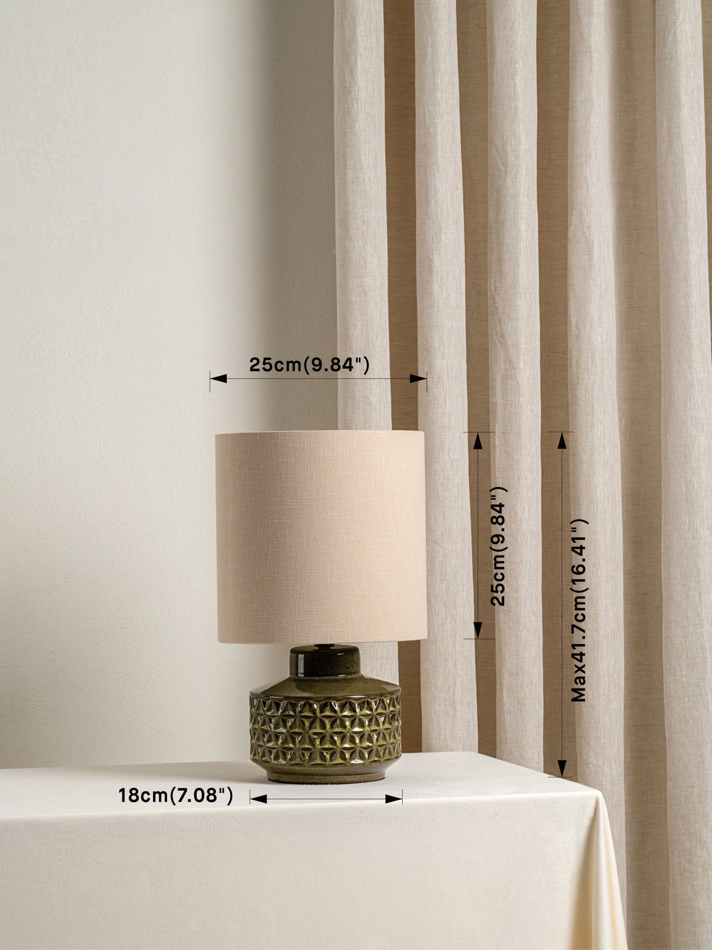 Filaree Short Green Glazed Ceramic Table Lamp | Mid-Century Bedside Light | Natural Linen Shade | 15 | Brick by Brick London 7