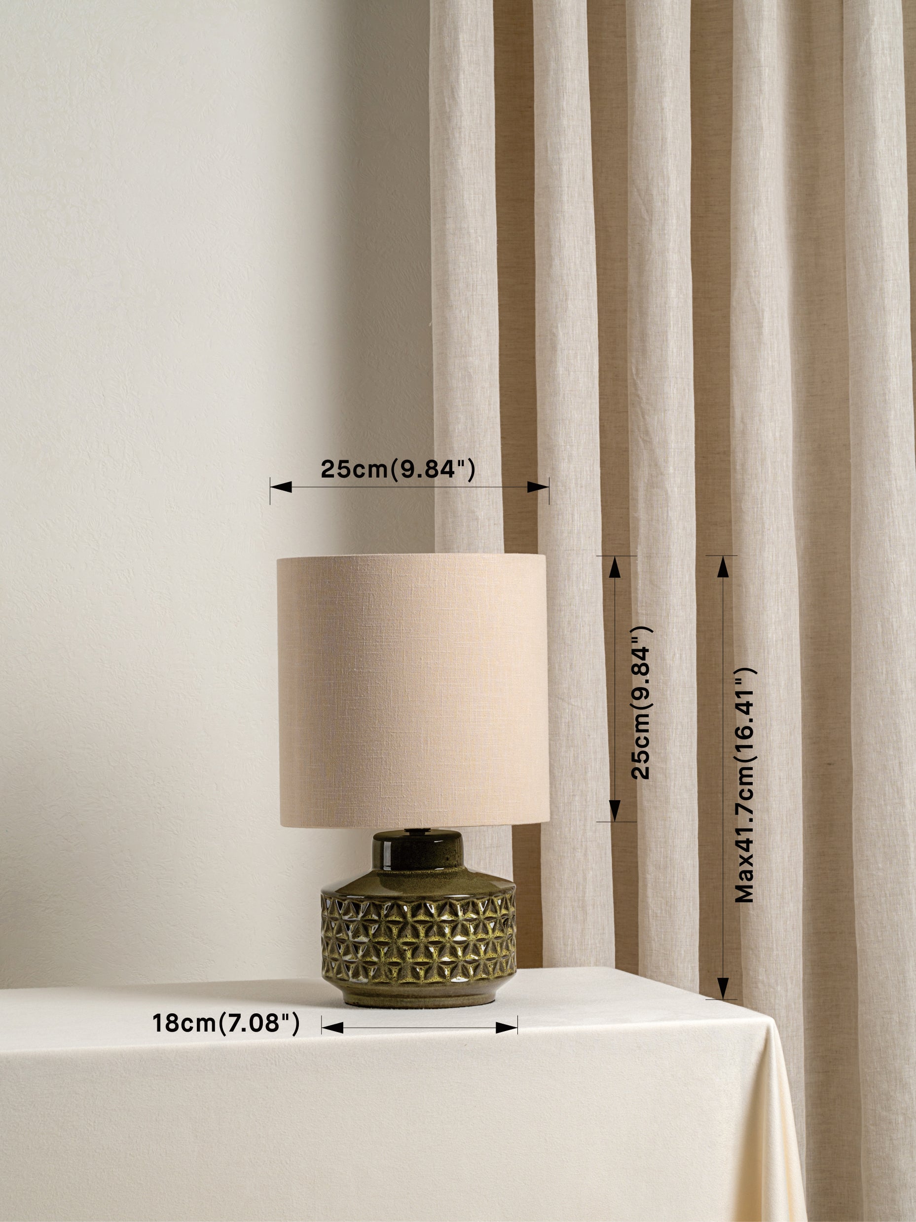 Filaree Short Green Glazed Ceramic Table Lamp | Mid-Century Bedside Light | Natural Linen Shade | 15 | Brick by Brick London 7