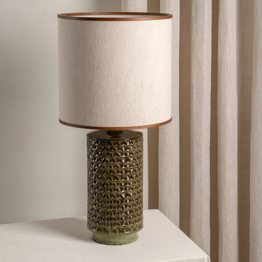 Filaree Tall Green Glazed Ceramic Table Lamp | Mid-Century Bedroom Lamp | Natural Linen Shade | Brick by Brick London 0