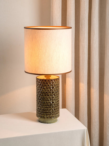 Filaree Tall Green Glazed Ceramic Table Lamp | Mid-Century Bedroom Lamp | Natural Linen Shade | Brick by Brick London 1