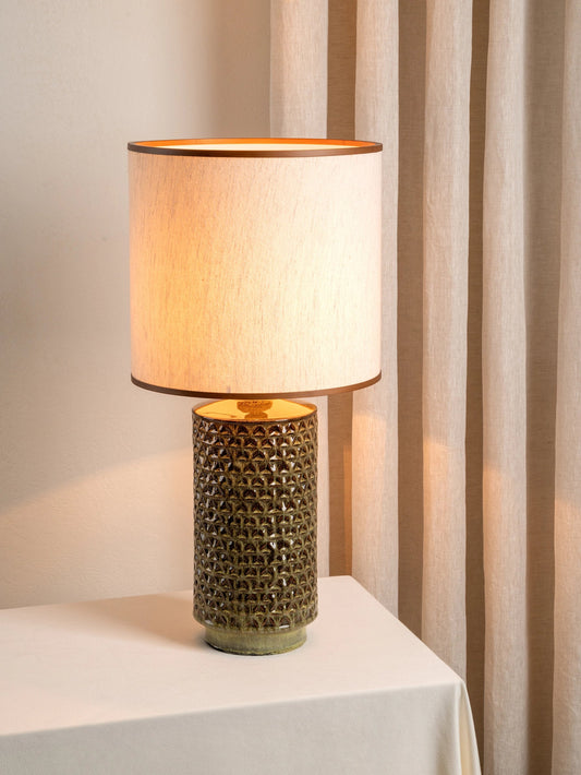 Filaree Tall Green Glazed Ceramic Table Lamp | Mid-Century Bedroom Lamp | Natural Linen Shade | Brick by Brick London 1