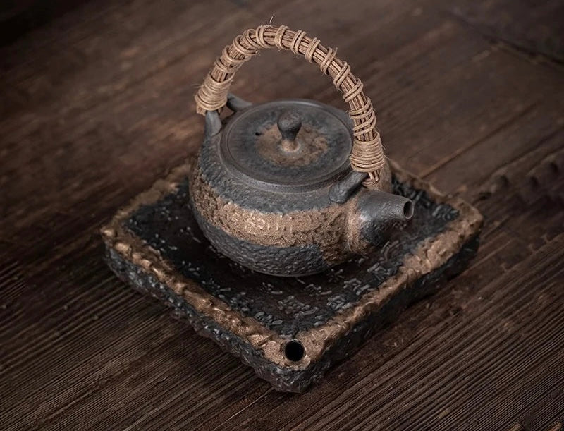 Ceramic Tea Pot Set with Tray | 250ml Teapot + 5.5" Tray | Rustic Artisan Ocha Collection | Brick by Brick