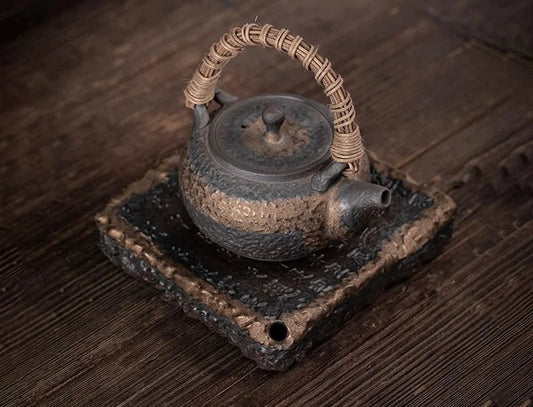 Ceramic Tea Pot Set with Tray | 250ml Teapot + 5.5" Tray | Rustic Artisan Ocha Collection | Brick by Brick