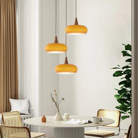 Amber Glass Pendant Lamp | 11 - 34.6 x 3.9 in | Charlotte Wood & Metal Hanging Light | Cozy Modern Design | Brick by Brick