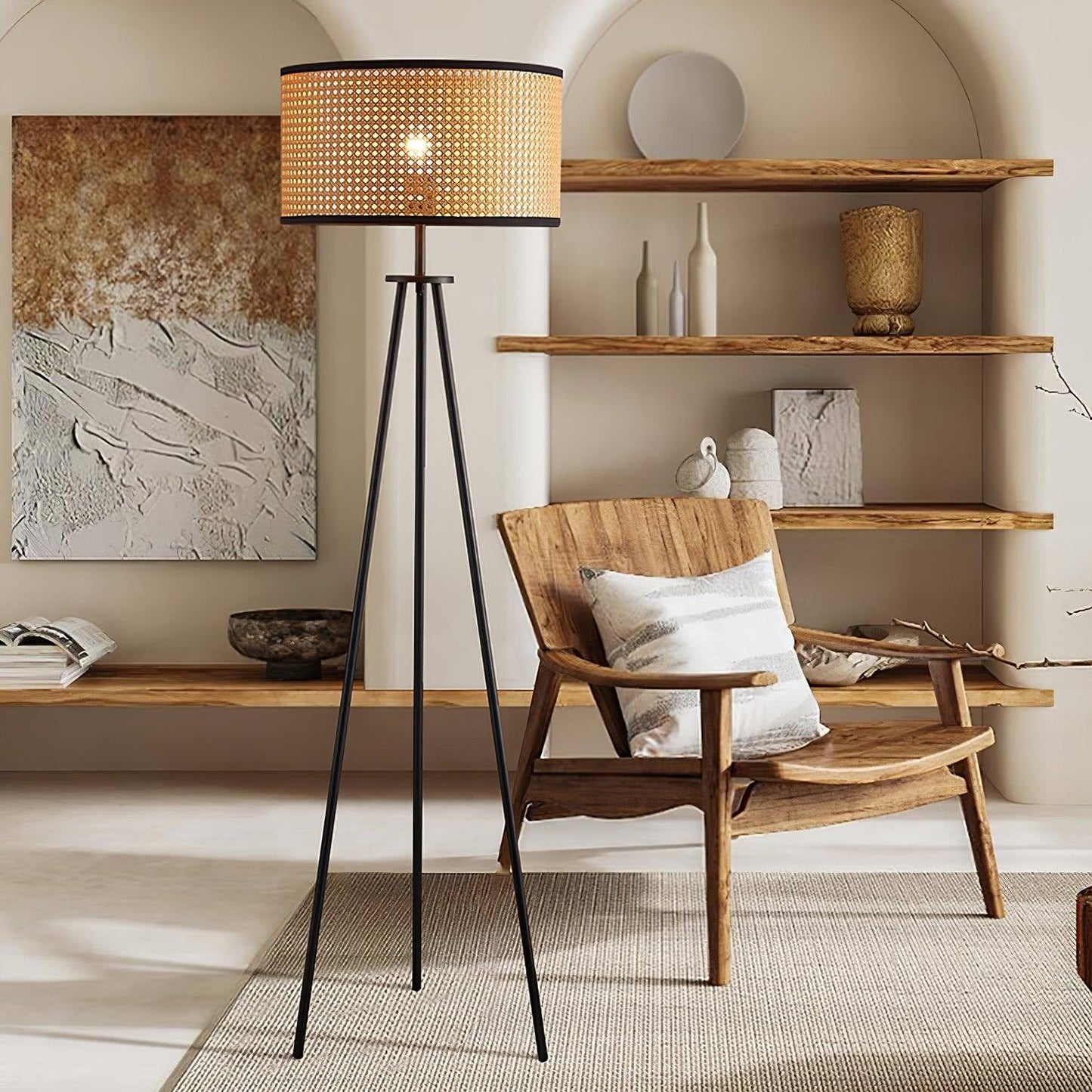 Handwoven Rattan Floor Lamp | Tripod Floor Lamp for Living Room | 59 Metal Base | Rustic Home Decor | Brick by Brick London 1