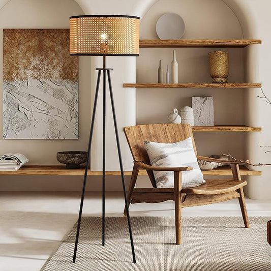 Handwoven Rattan Floor Lamp | Tripod Floor Lamp for Living Room | 59 Metal Base | Rustic Home Decor | Brick by Brick London 1