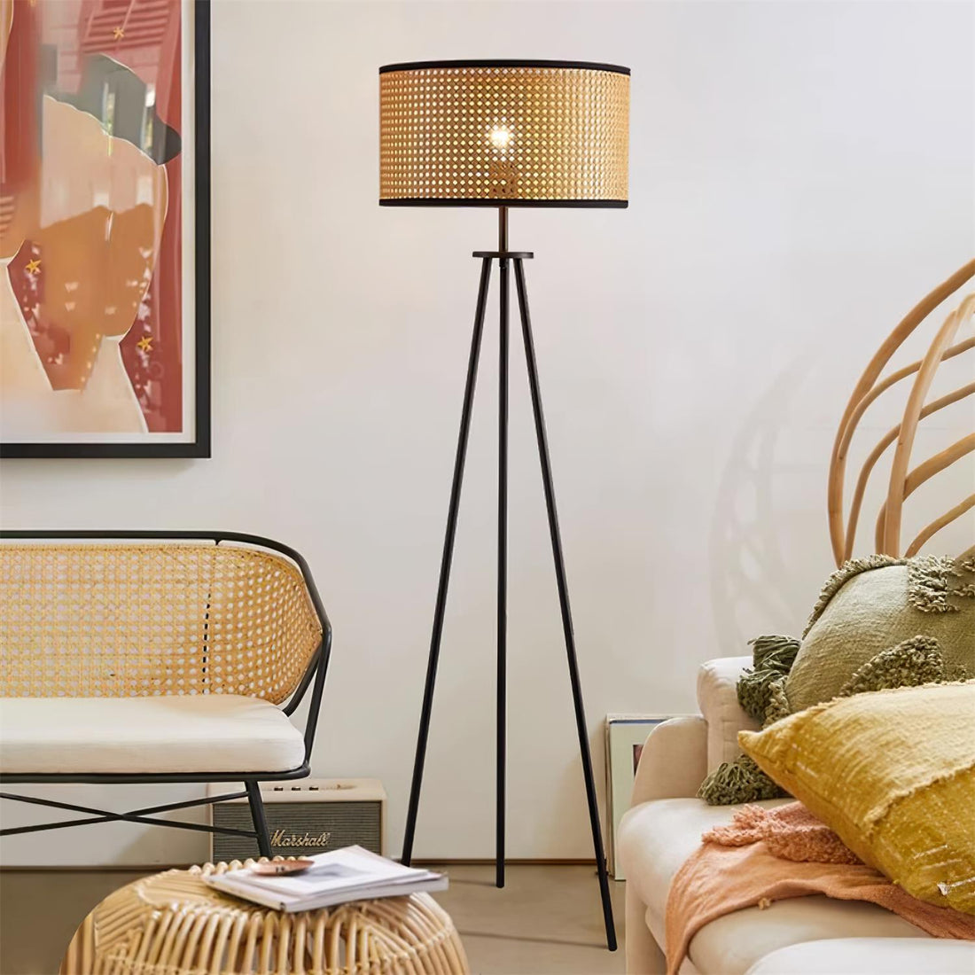 Handwoven Rattan Floor Lamp | Tripod Floor Lamp for Living Room | 59 Metal Base | Rustic Home Decor | Brick by Brick London 5
