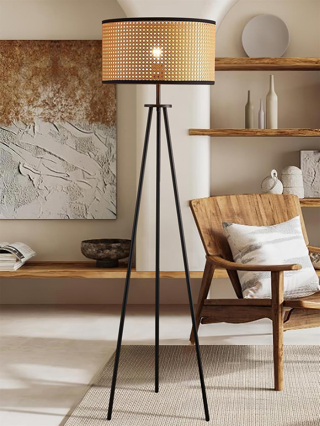 Handwoven Rattan Floor Lamp | Tripod Floor Lamp for Living Room | 59 Metal Base | Rustic Home Decor | Brick by Brick London 6
