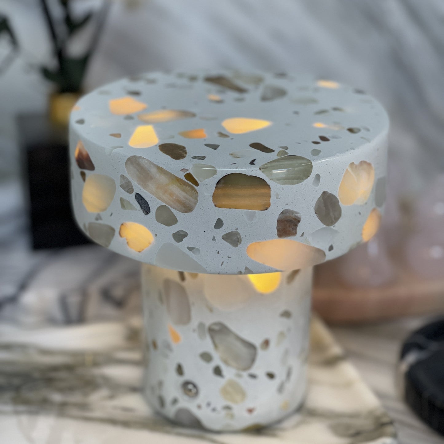 Marble Column Lamp | Solid Marble | Terrazzo Inlays | Warm Ambient Lighting | Brick by Brick