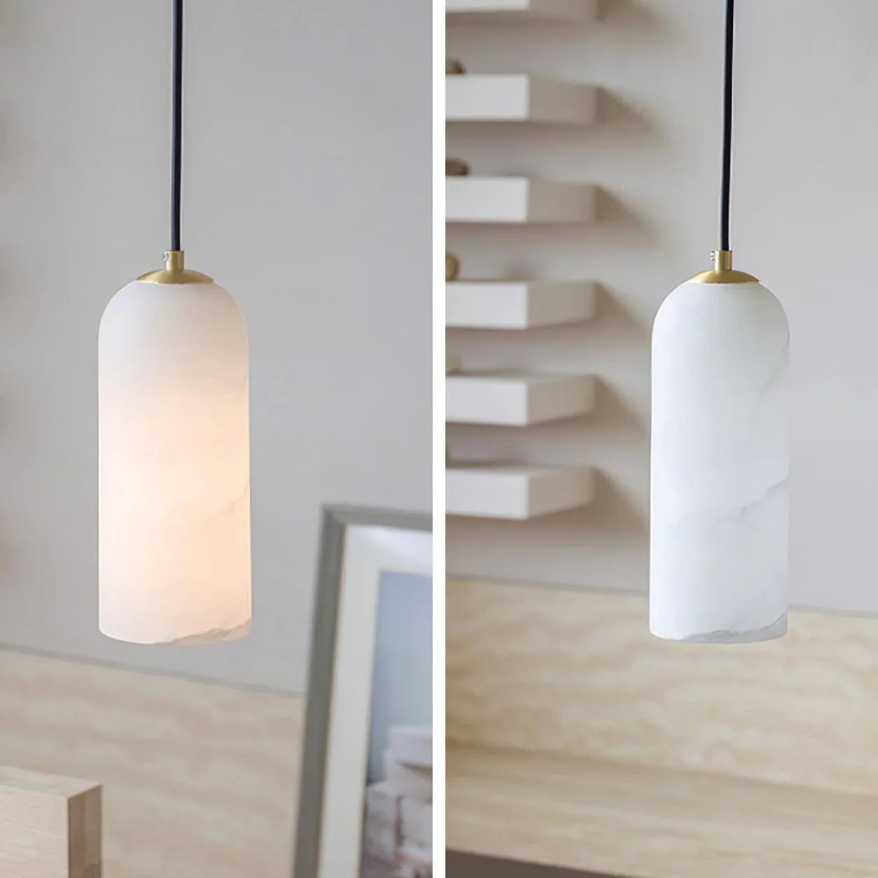 Alabaster Brass Pendant Light | Dia 3.9 x H 9.8 in / Dia 7.9 x H 59 in | Jade Minimalist Style | Metal Shade Accent | Brick by Brick