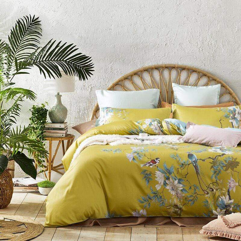 Egyptian Cotton Pillow Set | 20 x 30 or 36 in | Yellow Floral Botanical Print | Soft Breathable Pillow Covers | Brick by Brick