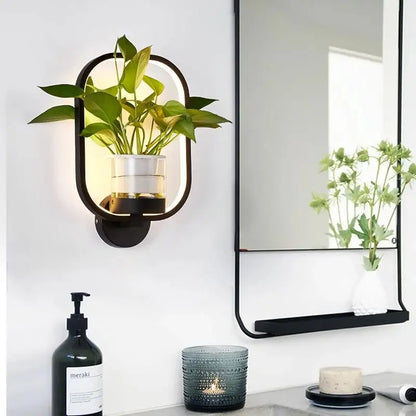 Modern LED Wall Lamp | 12.6 × 8.7 in | Circle Frame Glass Planter | Light & Green Accent | Brick by Brick