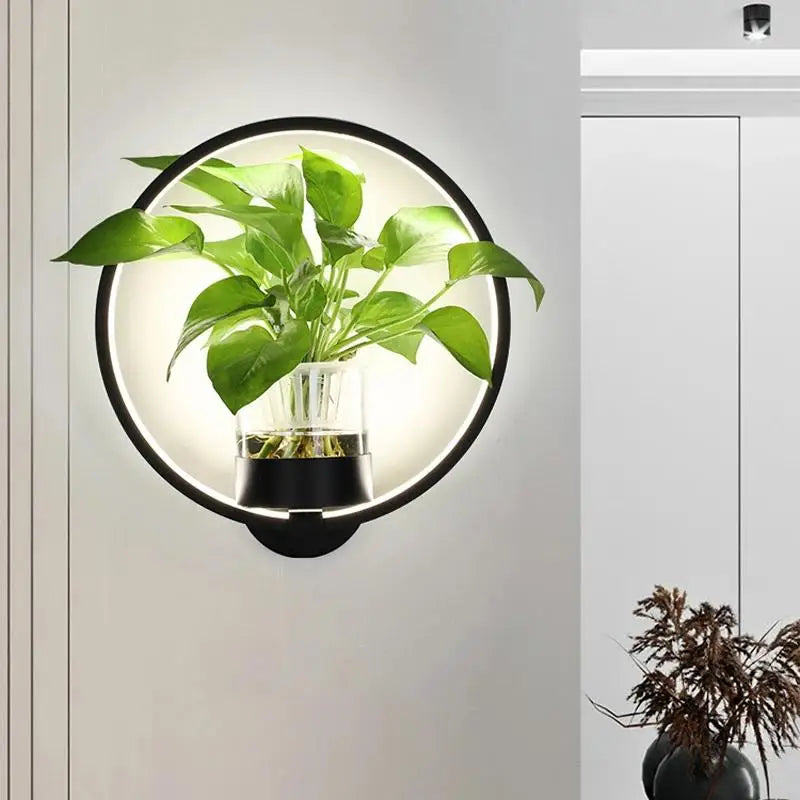 Modern LED Wall Lamp | 12.6 × 8.7 in | Circle Frame Glass Planter | Light & Green Accent | Brick by Brick