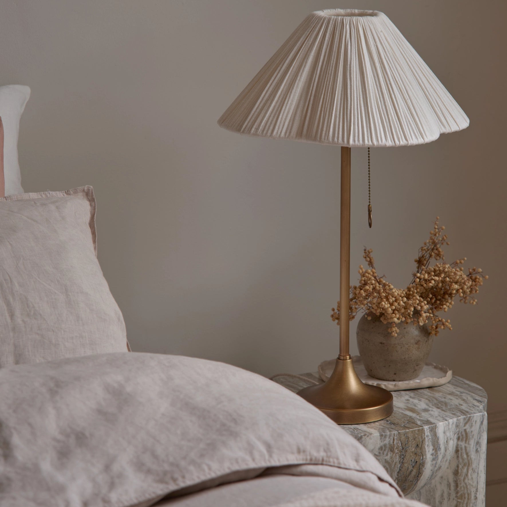 Lindi Table Lamp | Elegant Bedside Lamp | Aged Brass & Linen | 24 Height | Brick by Brick London 0