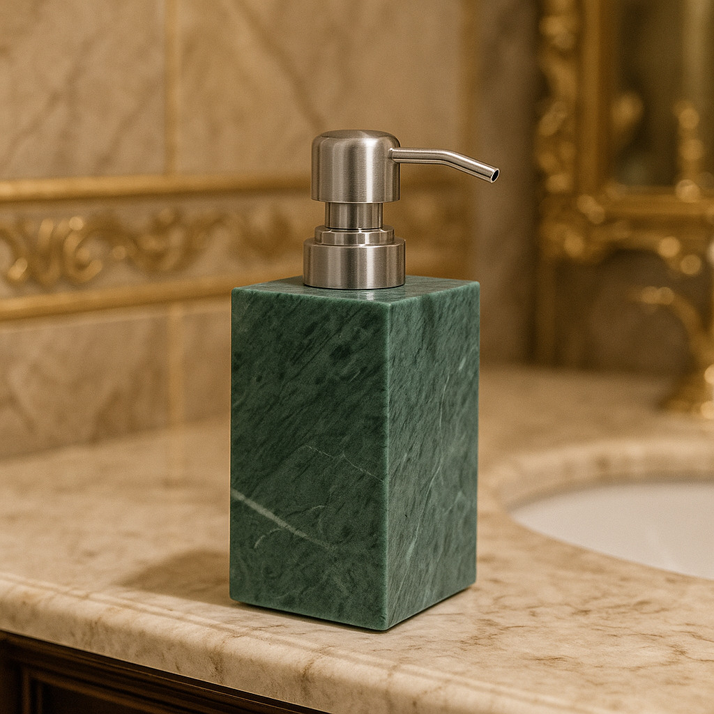 Marble Soap Dispenser |  2.8 in × 7.1 in | Solid Stone Base | Metal Pump | Brick by Brick