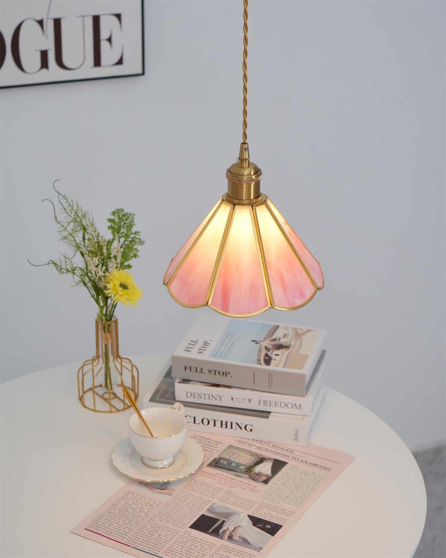 Pink Stained Glass Pendant Light | D 8.6 or 10.6 in | Pink Glass Shade & Brass Finish | Indoor Ceiling Lighting | Brick by Brick