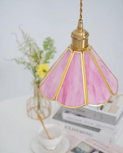 Pink Stained Glass Pendant Light | D 8.6 or 10.6 in | Pink Glass Shade & Brass Finish | Indoor Ceiling Lighting | Brick by Brick