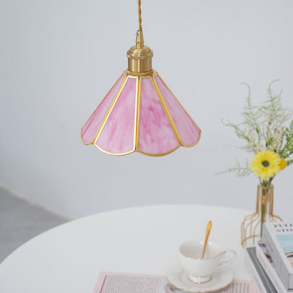 Pink Stained Glass Pendant Light | D 8.6 or 10.6 in | Pink Glass Shade & Brass Finish | Indoor Ceiling Lighting | Brick by Brick