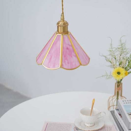 Pink Stained Glass Pendant Light | D 8.6 or 10.6 in | Pink Glass Shade & Brass Finish | Indoor Ceiling Lighting | Brick by Brick