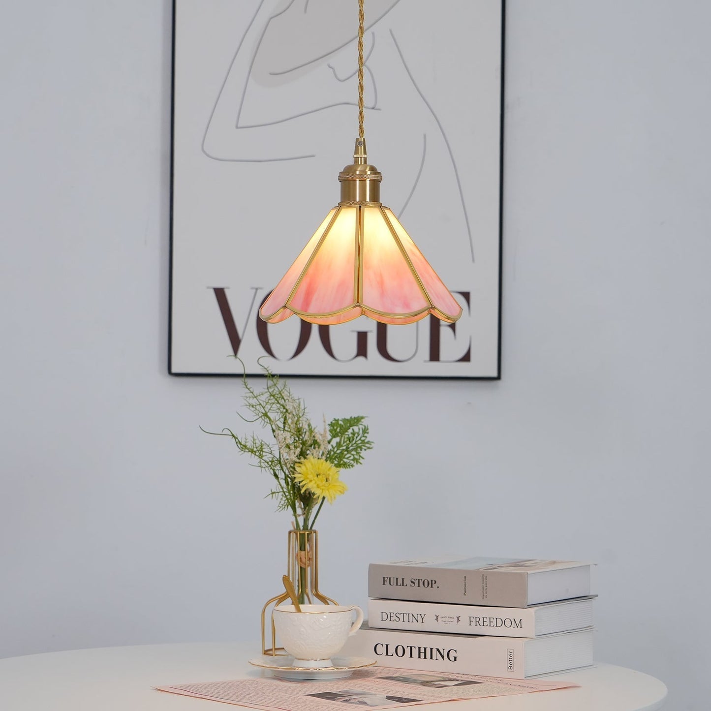 Pink Stained Glass Pendant Light | D 8.6 or 10.6 in | Pink Glass Shade & Brass Finish | Indoor Ceiling Lighting | Brick by Brick