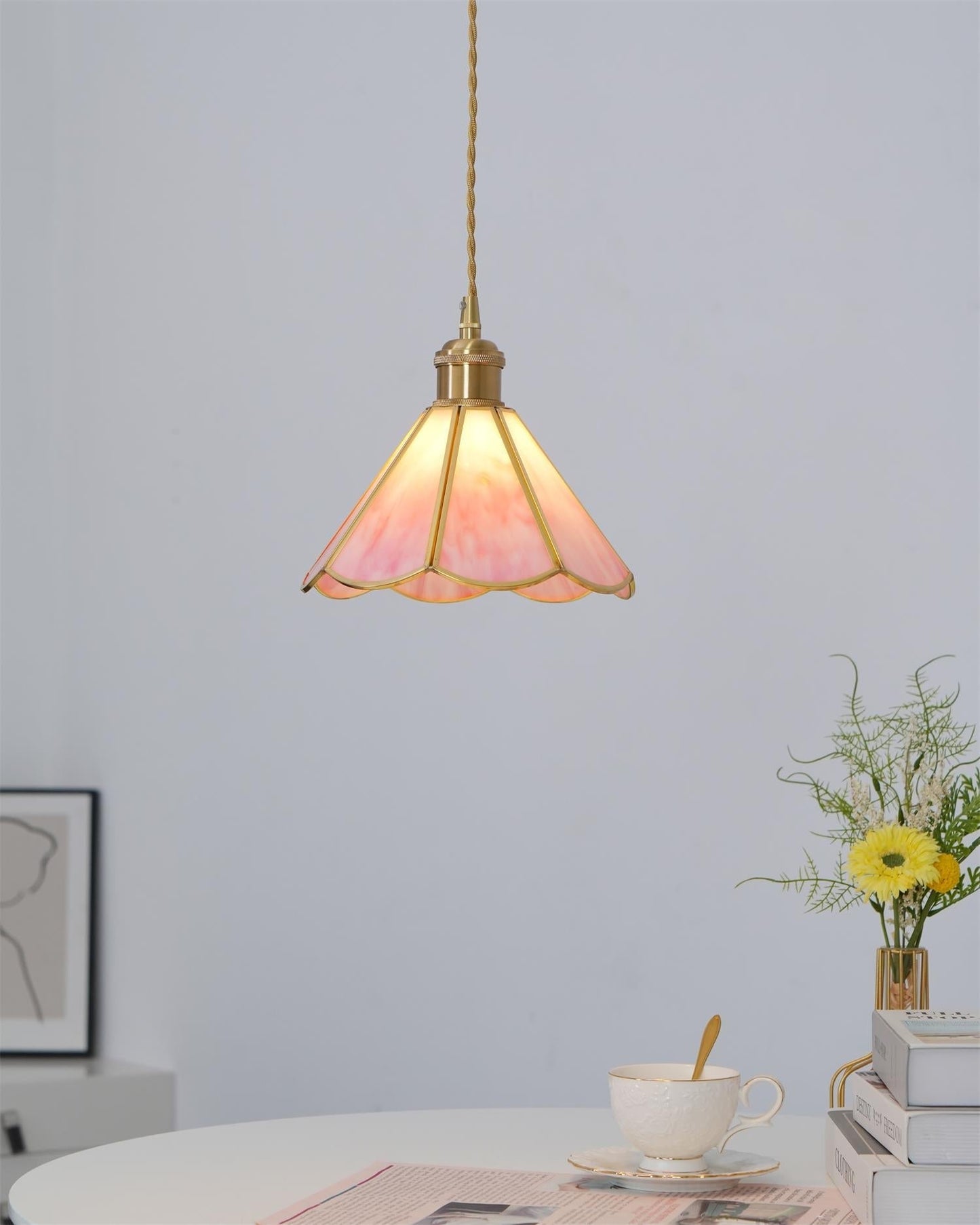 Pink Stained Glass Pendant Light | D 8.6 or 10.6 in | Pink Glass Shade & Brass Finish | Indoor Ceiling Lighting | Brick by Brick