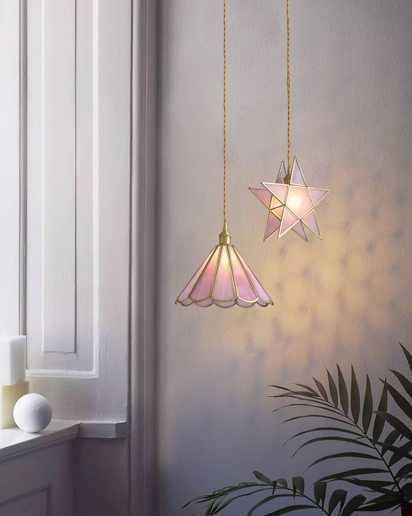 Pink Stained Glass Pendant Light | D 8.6 or 10.6 in | Pink Glass Shade & Brass Finish | Indoor Ceiling Lighting | Brick by Brick