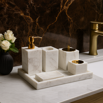 Marble Bathroom Set | 6-Piece Vanity Accessories | Solid Stone & Metal Accents | Brick by Brick