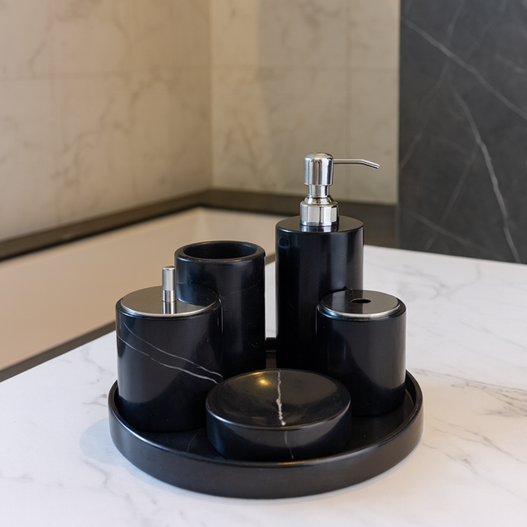Marble Bathroom Set | 6-Piece Vanity Accessories | Solid Stone & Metal Accents | Brick by Brick