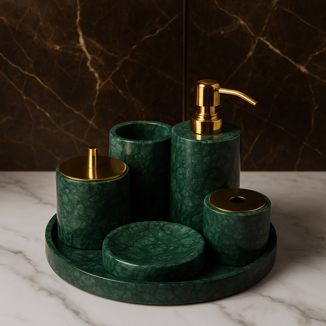 Marble Bathroom Set | 6-Piece Vanity Accessories | Solid Stone & Metal Accents | Brick by Brick