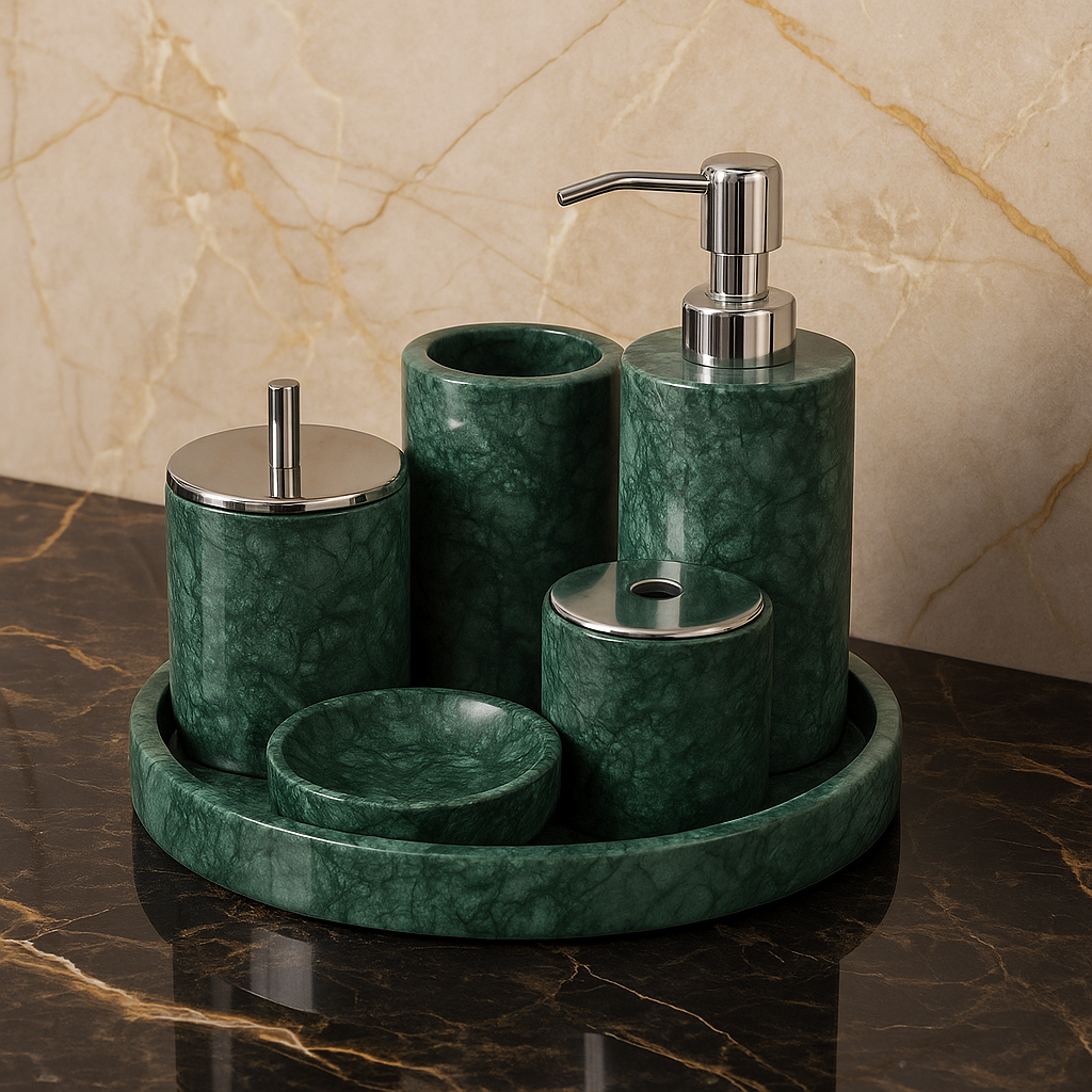 Marble Bathroom Set | 6-Piece Vanity Accessories | Solid Stone & Metal Accents | Brick by Brick
