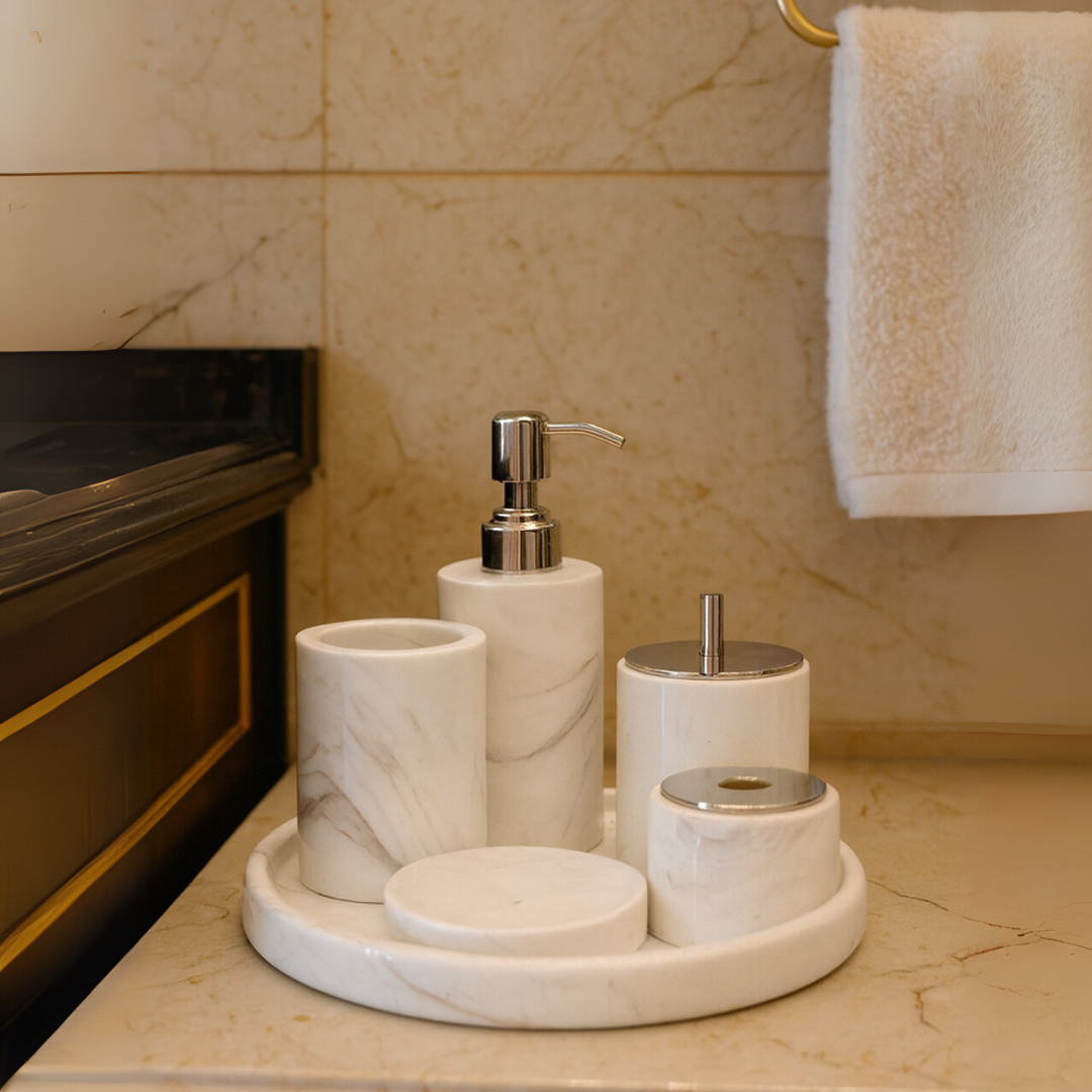 Marble Bathroom Set | 6-Piece Vanity Accessories | Solid Stone & Metal Accents | Brick by Brick