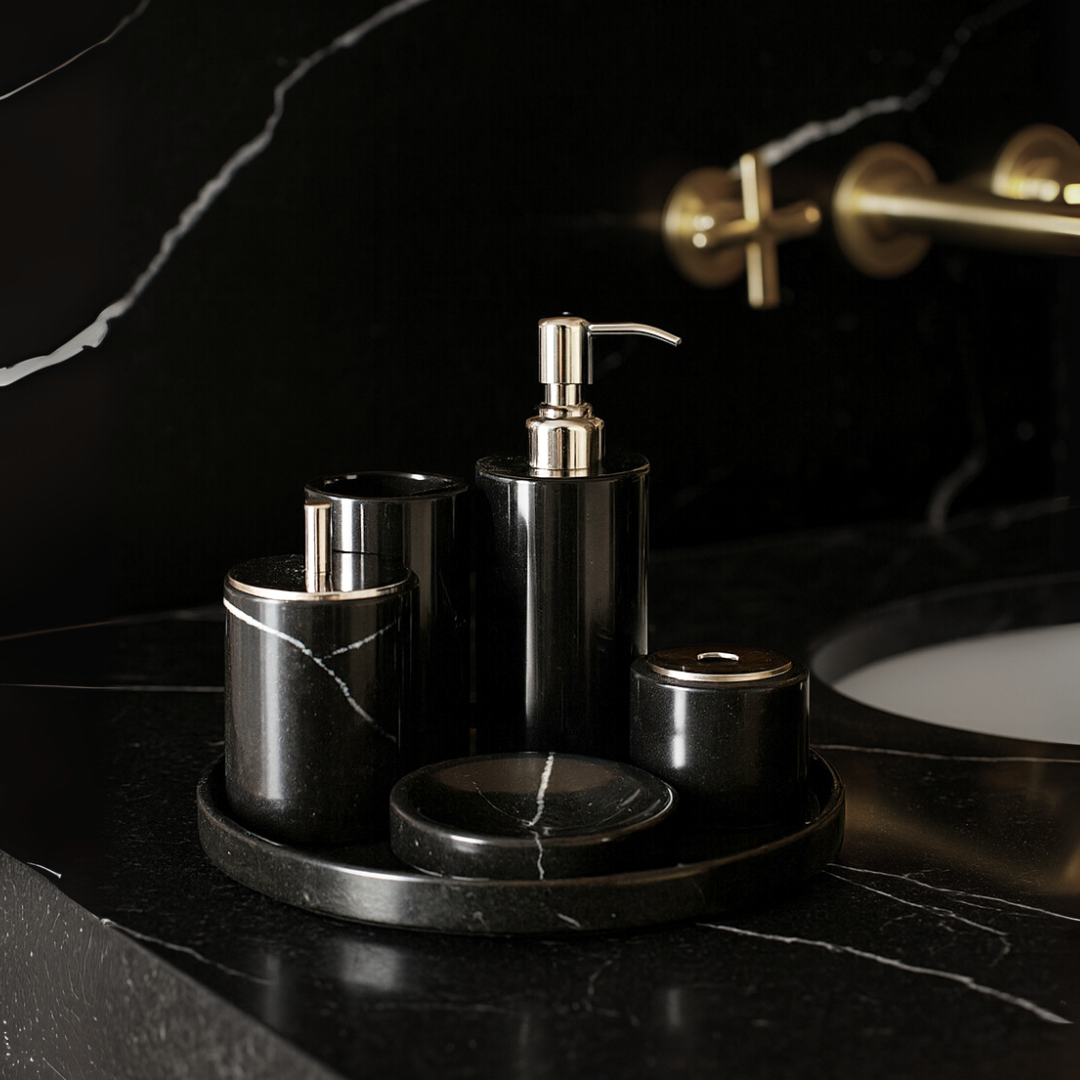 Marble Bathroom Set | 6-Piece Vanity Accessories | Solid Stone & Metal Accents | Brick by Brick