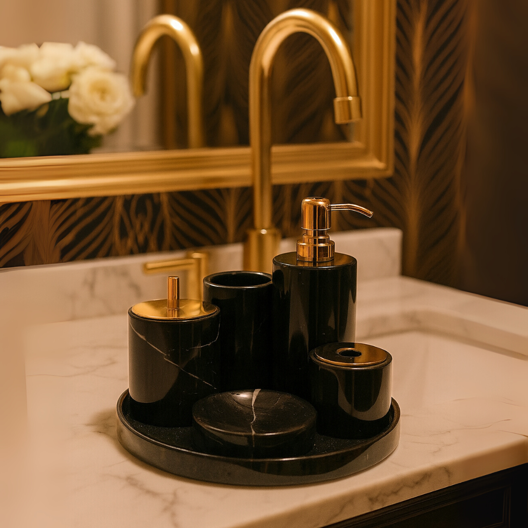Marble Bathroom Set | 6-Piece Vanity Accessories | Solid Stone & Metal Accents | Brick by Brick