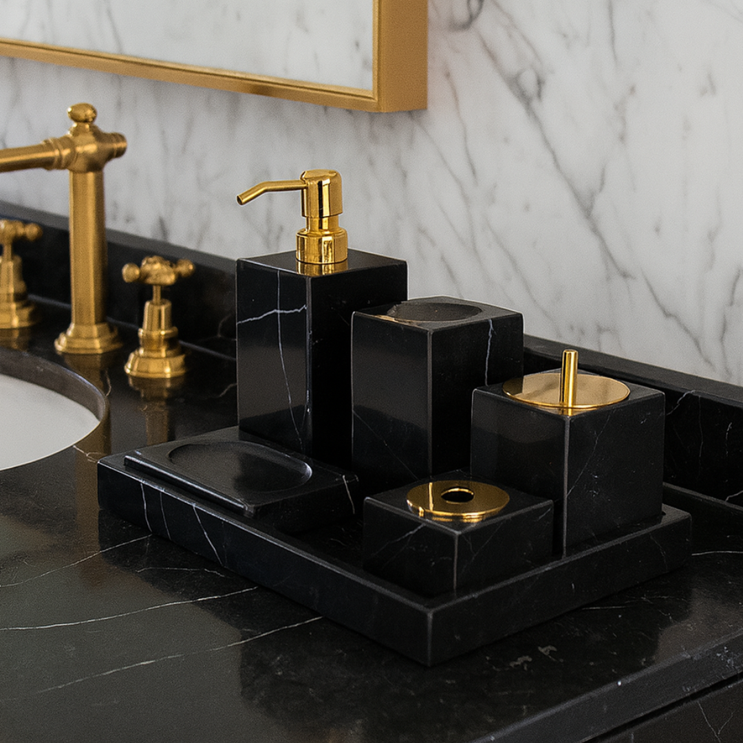 Marble Bathroom Set | 6-Piece Vanity Accessories | Solid Stone & Metal Accents | Brick by Brick