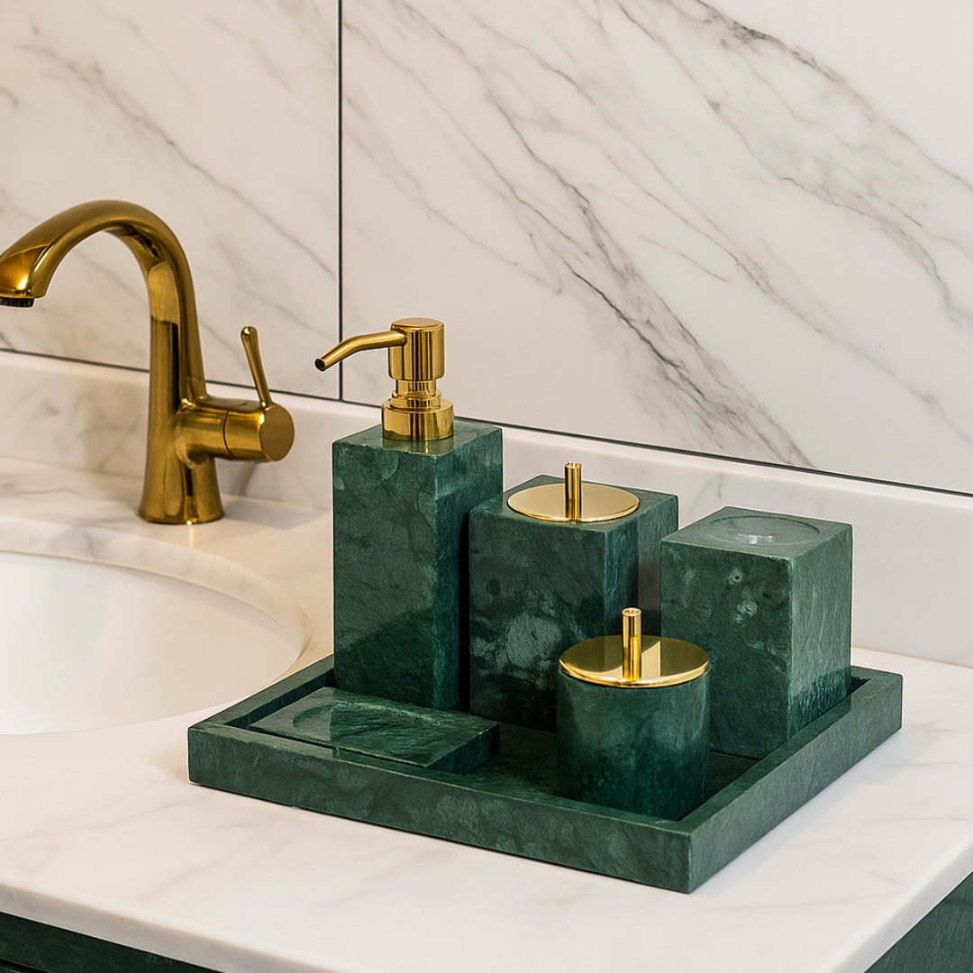 Marble Bathroom Set | 6-Piece Vanity Accessories | Solid Stone & Metal Accents | Brick by Brick