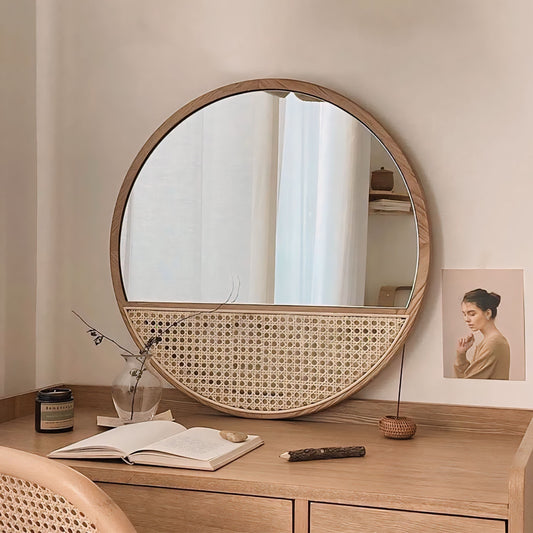 Mitsuru Round Mirror | 24 Wall Decor | Natural Wood & Rattan Inlay | Versatile Home Accent | Brick by Brick London 0
