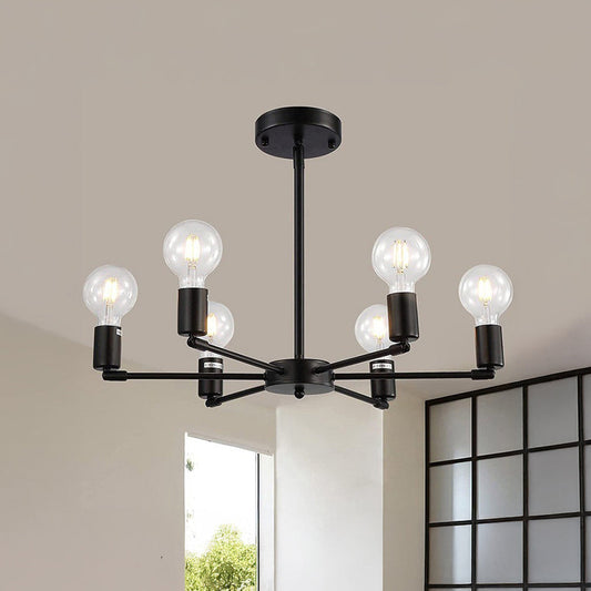 Industrial 6-Light Chandelier | Black or Black-Gold Iron Frame, E27 Bulb Ceiling Lamp | Brick by Brick