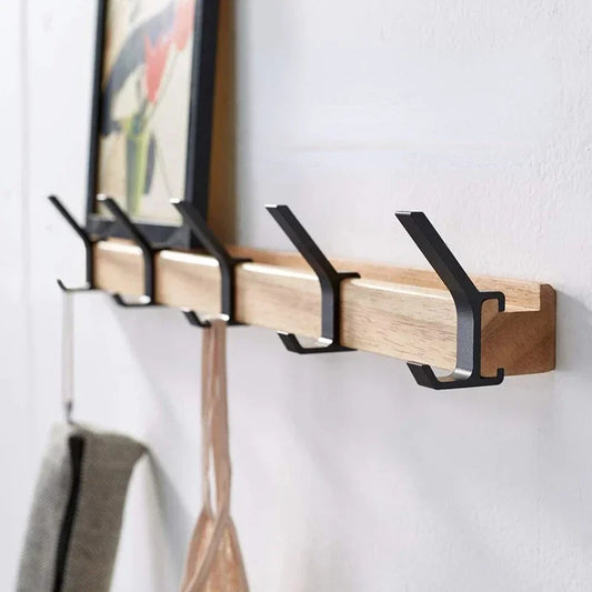 Black Wall Coat Rack | 5 Movable Hooks | Modern Rubberwood Organizer | Brick by Brick