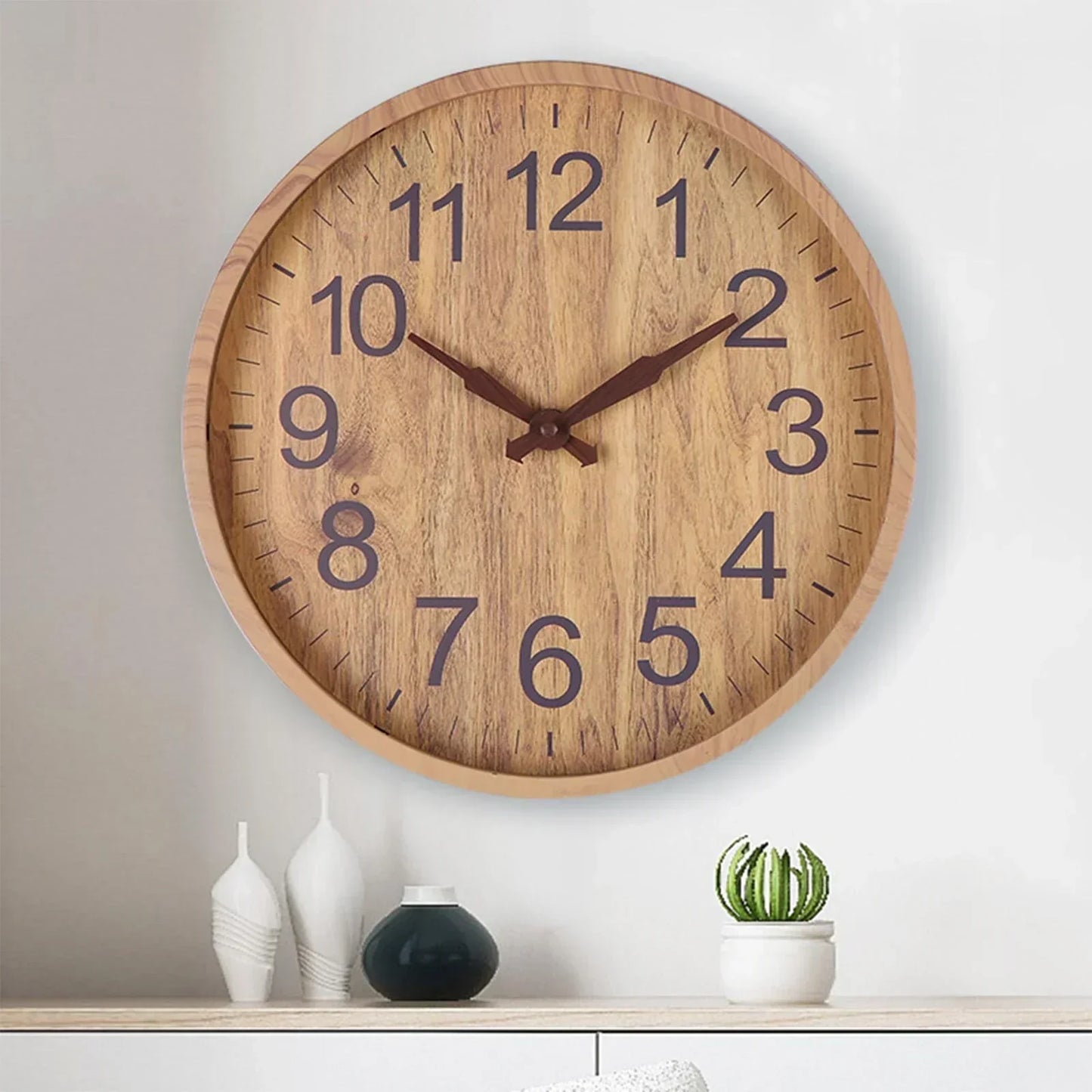 Rustic Wall Clock | 12 in | Natural Wood with Dark Numbers | Silent Quartz Movement | Brick by Brick