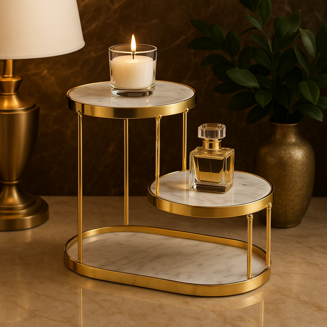 Luxury Marble Tiered Tray | Oval Base | Gold-Finish | Decorative & Serving | Brick by Brick