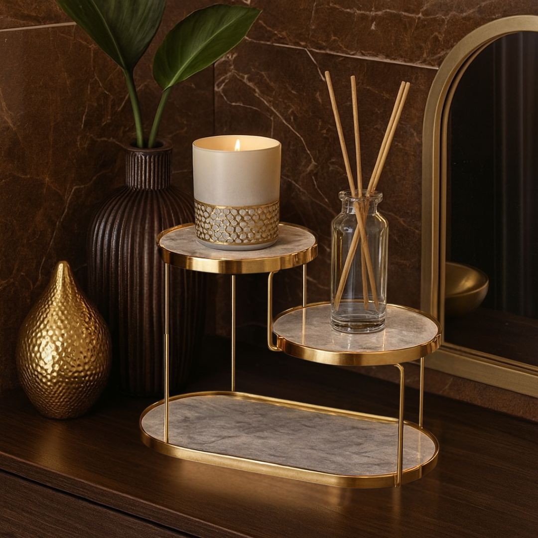 Luxury Marble Tiered Tray | Oval Base | Gold-Finish | Decorative & Serving | Brick by Brick