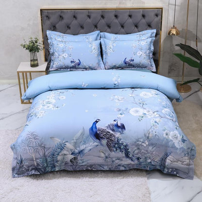 Egyptian Cotton Bedding Set | 78.7 - 90.6 in | Blue Floral Peacock Pattern | Soft Breathable 4-Piece Duvet Cover Set | Brick by Brick
