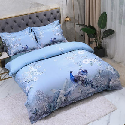 Egyptian Cotton Bedding Set | 78.7 - 90.6 in | Blue Floral Peacock Pattern | Soft Breathable 4-Piece Duvet Cover Set | Brick by Brick