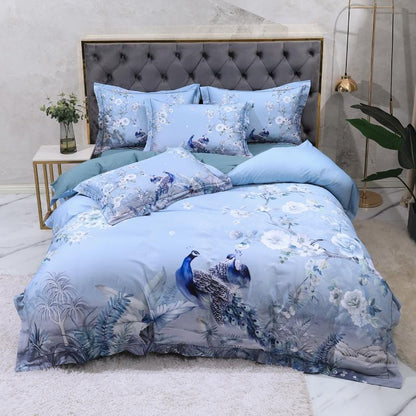 Egyptian Cotton Bedding Set | 78.7 - 90.6 in | Blue Floral Peacock Pattern | Soft Breathable 4-Piece Duvet Cover Set | Brick by Brick